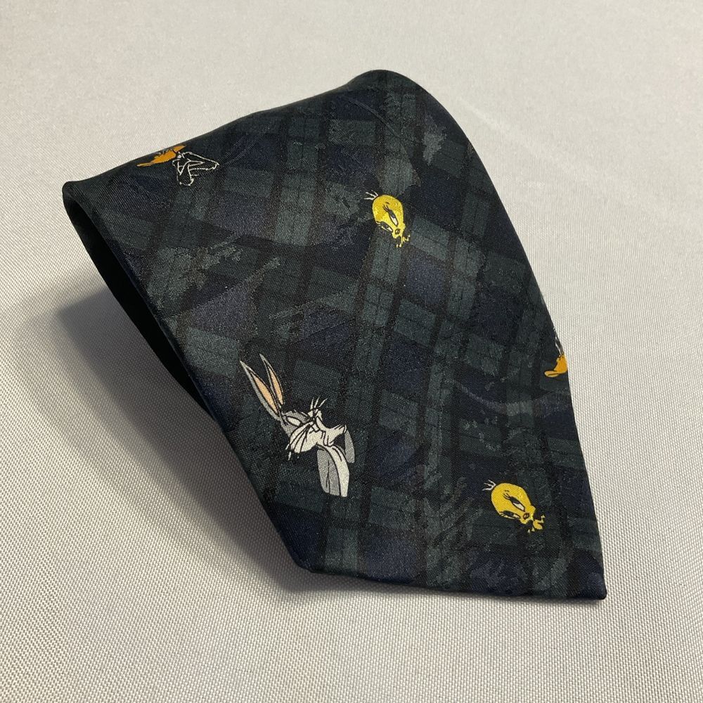 Looney Tunes Mania Blue Green Diagonal Plaid Bugs Taz Tweety Daffy Silk Necktie